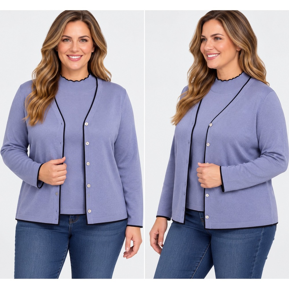 Caslon Twin Set Cardigan Mock Neck Shell 1X Periwinkle Blue Purple Sweater Plus